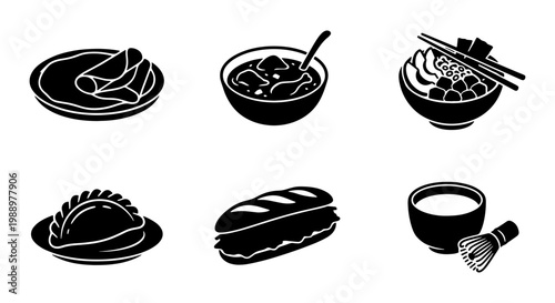 Asian food icons set, black silhouette meal illustrations, 6 vector culinary elements