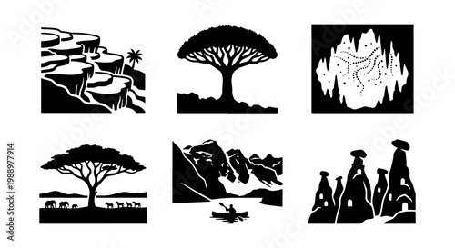 Nature landscape icons set, black and white wilderness vector, 6 outdoor travel symbols