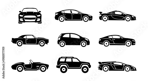 Modern car icons set, black vehicle silhouettes, 9 automotive vector symbols