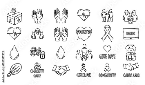 Charity and donation doodle icon set – hand drawn volunteer and awareness vector
