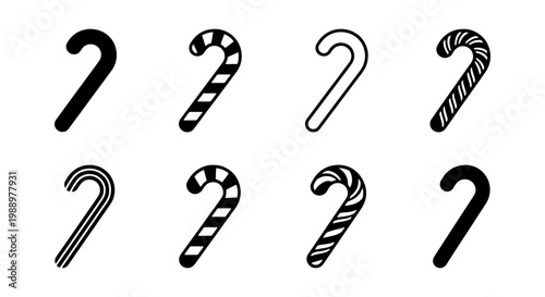 Christmas candy cane icon set, 8 black holiday sweets, winter peppermint vector icons