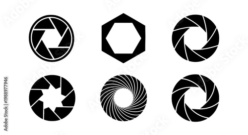 Camera shutter aperture icons, 6 photography lens diaphragm vectors, black optics set