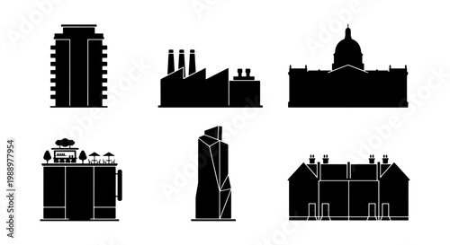 Minimalist building silhouettes, 6 urban architecture icons, black city vector set