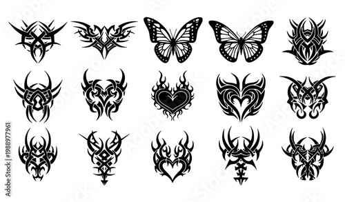 Cyber sigilism vector set – neo tribal tattoo shapes and gothic symbols