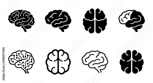Human brain icon set, 8 medical neurology vectors, mental health and logic symbols