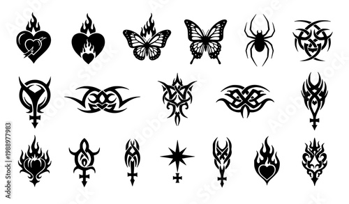 Canvastavla Y2K gothic tattoo icon set – cyber sigilism hearts, butterflies and flames vecto