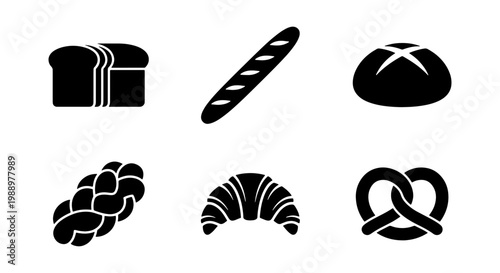 Bakery bread icons set, black silhouette pastry collection, 6 vector food elements