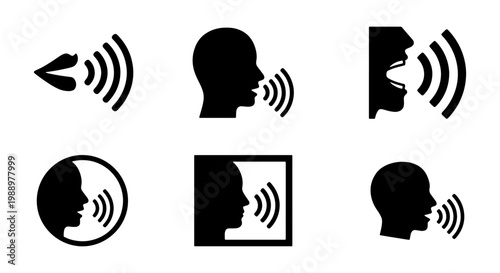 Voice control icons set, black speech recognition symbols, talking person vector signs