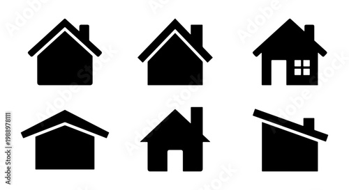 Minimalist house icon set, black home silhouette vector, 6 real estate building symbols