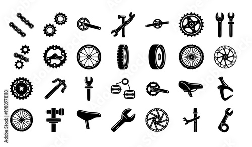 Bicycle parts and accessories icons – black solid cycling vector set