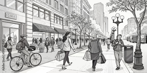 People shopping on a busy city street with stores and buildings daily life shopping bags street lights line art black and white public space shopping mall shopping buildings commerce