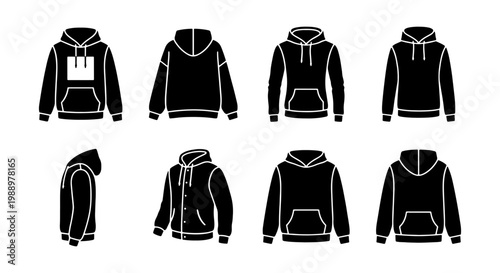 Black hoodie vector icons, sweatshirt apparel mockups, 8 clothing garment templates