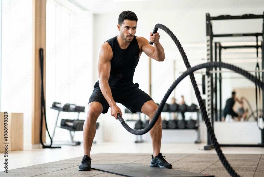 Fototapeta premium Strong focused male athlete performing battle ropes exercise in gym