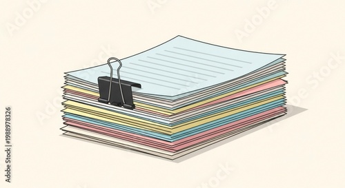 Stack of papers binder office documents colored pages.
