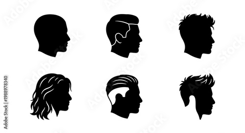 Minimalist male hair silhouettes, 6 men profile head icons, barber shop vector set