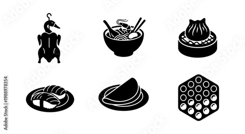 Chinese food icon set, 6 black vector symbols of dim sum, ramen and roasted duck