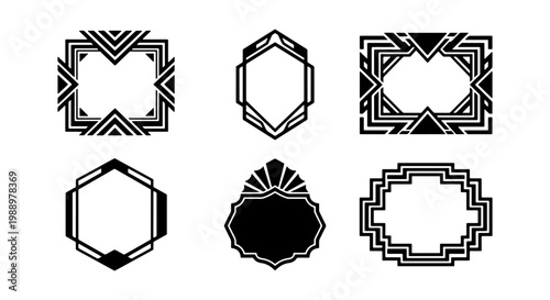 Art Deco frames set, vintage geometric borders, black 1920s decorative vector labels