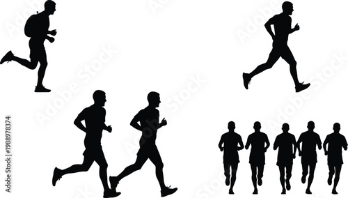 Running man silhouettes set, jogging athletes collection, fitness training action poses, isolated black figures, marathon runners, sport activity concept, healthy lifestyle illustration design