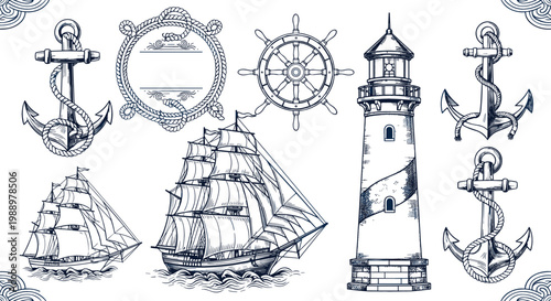 Nautical vintage illustration set featuring sailing ships, lighthouse, anchors, and marine elements in detailed engraving style for maritime and ocean vector design