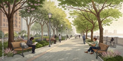People enjoying a peaceful riverside park with trees benches city buildings in the background public space green space urban park walking path relaxation outdoors waterfront sidewalk