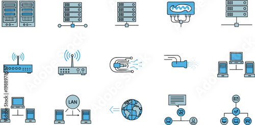 Network Infrastructure and Cloud Computing Icon Set Featuring Servers, Data Storage, Wireless Connectivity, LAN Systems, Internet Communication, and IT Technology Concepts