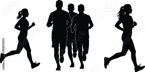 Running people silhouettes set, men and women jogging athletes collection, fitness training action poses, marathon runners group, isolated black figures, healthy lifestyle illustration