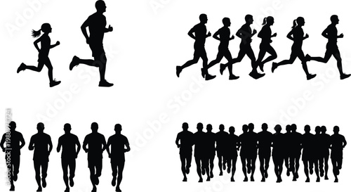 running, people, silhouette, joggers, marathon, fitness, sport, activity, group, runner, training, exercise, healthy, lifestyle, black, isolated, background, movement, endurance, concept