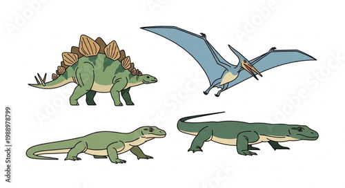 Four prehistoric creatures including a Stegosaurus and Pterodactyl.