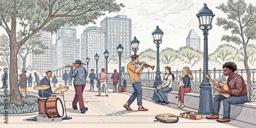 A vibrant city park scene with musicians playing instruments and people enjoying the outdoors