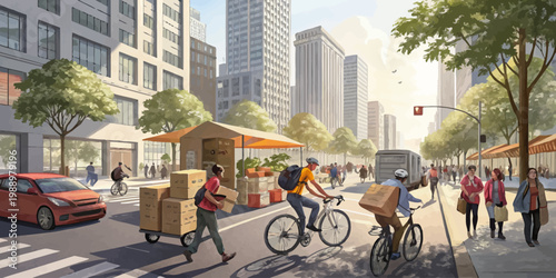 A vibrant city street scene with people riding bicycles and walking alongside tall buildings and trees.
