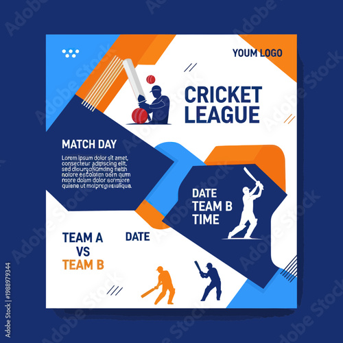 Cricket League Match Day Poster Template with Players, Bat, Ball, and Stumps