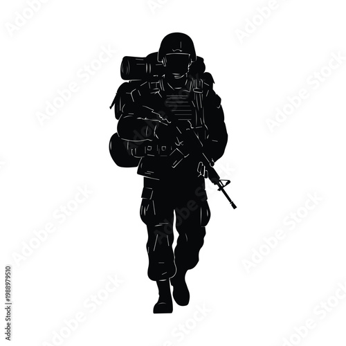 Walking soldier with backpack and rifle silhouette isolated on white