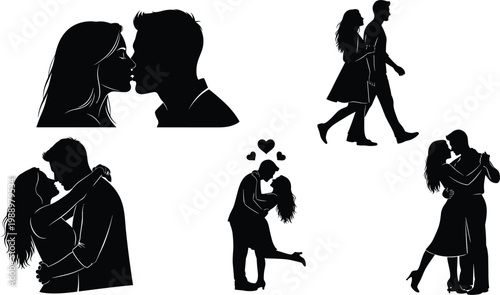 Romantic couple silhouettes set, love kissing hugging dancing poses, walking partners collection, black isolated figures, romance relationship concept, affectionate lifestyle illustration design