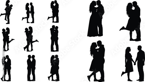Romantic couple silhouettes set, love kissing hugging poses collection, standing walking pairs, black isolated figures, romance relationship concept, affectionate lifestyle illustration design bundle