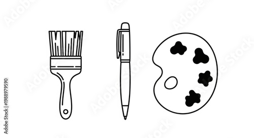Artists tools including a paintbrush, pen, and paint palette.