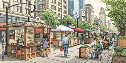 A vibrant outdoor market scene with people shopping and socializing in a bustling urban environment