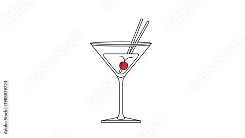 Elegant line art illustration of a martini glass containing a single cherry and two straws, suggesting a classic cocktail or celebratory drink.