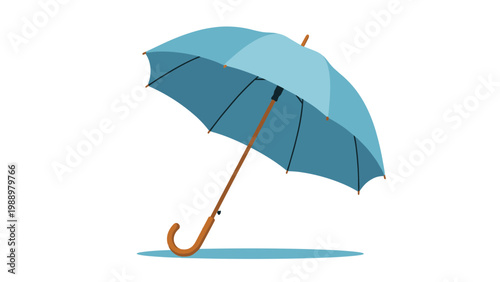 Classic illustration of an open blue umbrella with a curved wooden handle, providing shelter from rain, depicted against a white background.