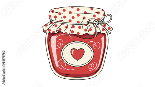 Sweet illustration of a homemade jam jar with a red, polka-dotted fabric cover tied with a bow, featuring a heart label, evoking warmth and comfort.