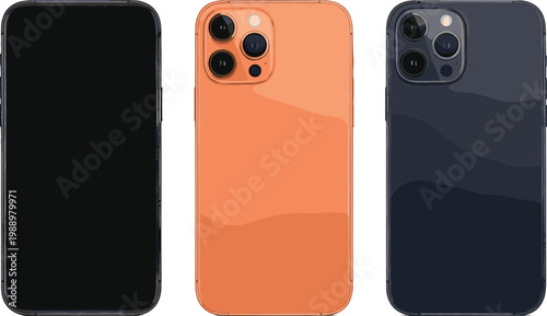 Realistic Smartphone Mockup Collection with Front Blank Screen and Stylish Back Panels Featuring Camera Lenses for Mobile App Design and Product Presentation