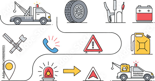 Roadside Assistance and Vehicle Breakdown Illustration Featuring Tow Truck Service, Tire Repair, Warning Signs, Emergency Tools, and Automotive Help Workflow Concepts