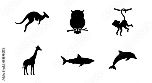 Wild animal silhouette icons, set of 6 vector animal shapes, black zoo fauna graphics
