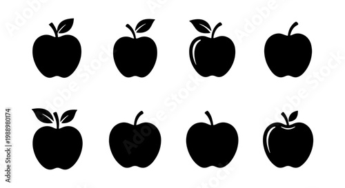 Black apple icon set, 8 minimalist fruit silhouettes, organic food vector symbols