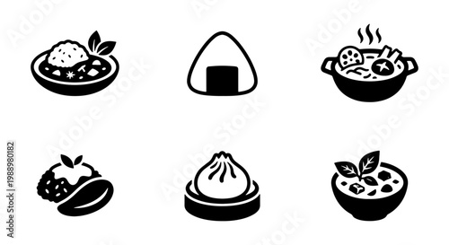 Japanese food icons set, Asian cuisine vector symbols, 6 black and white meal graphics