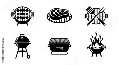 Barbecue grill icon set, 6 black BBQ vector elements, steak and charcoal grill symbols
