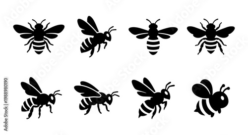 Honey bee silhouette icons, 8 black bumblebee vector elements, flying insect set