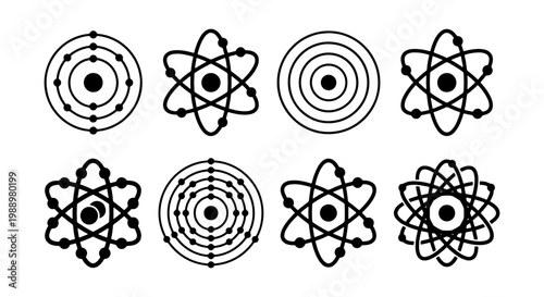 Scientific atom model icons, 8 black linear molecule symbols, physics research vectors