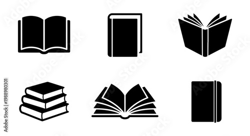 Minimalist book icon set, black library symbols, 6 education vector elements for web