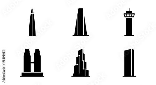 Modern skyscraper icons set, black building silhouettes, 6 urban tower vector symbols