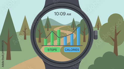 Smartwatch in the Nature: a smartwatch displaying outdoor activity data with scenic pathway and greenery in background, capturing the integration of technology and the environment. 